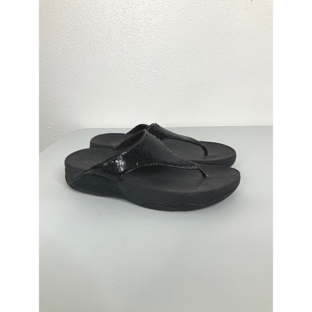 FitFlop Microwobbleboard Sequin Thong Sandals Black Wedge Flip Flops Womens 8